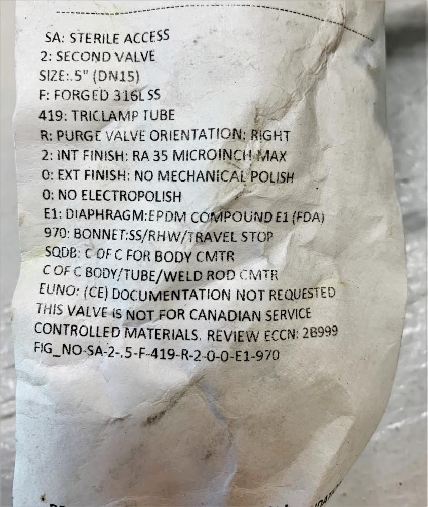 ITT 1/2" Tri-Clamp Valve w/ Handwheel, Stainless, SA-2-.5-F-419-R-2-0-0-E1-970